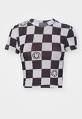 Schwarz-weißer kariert Cropped-Top mit Smiley-Gesicht und Logo-Grafiken, kurzen Ärmeln und rundem Ausschnitt. Hergestellt aus dehnbarem Material.
