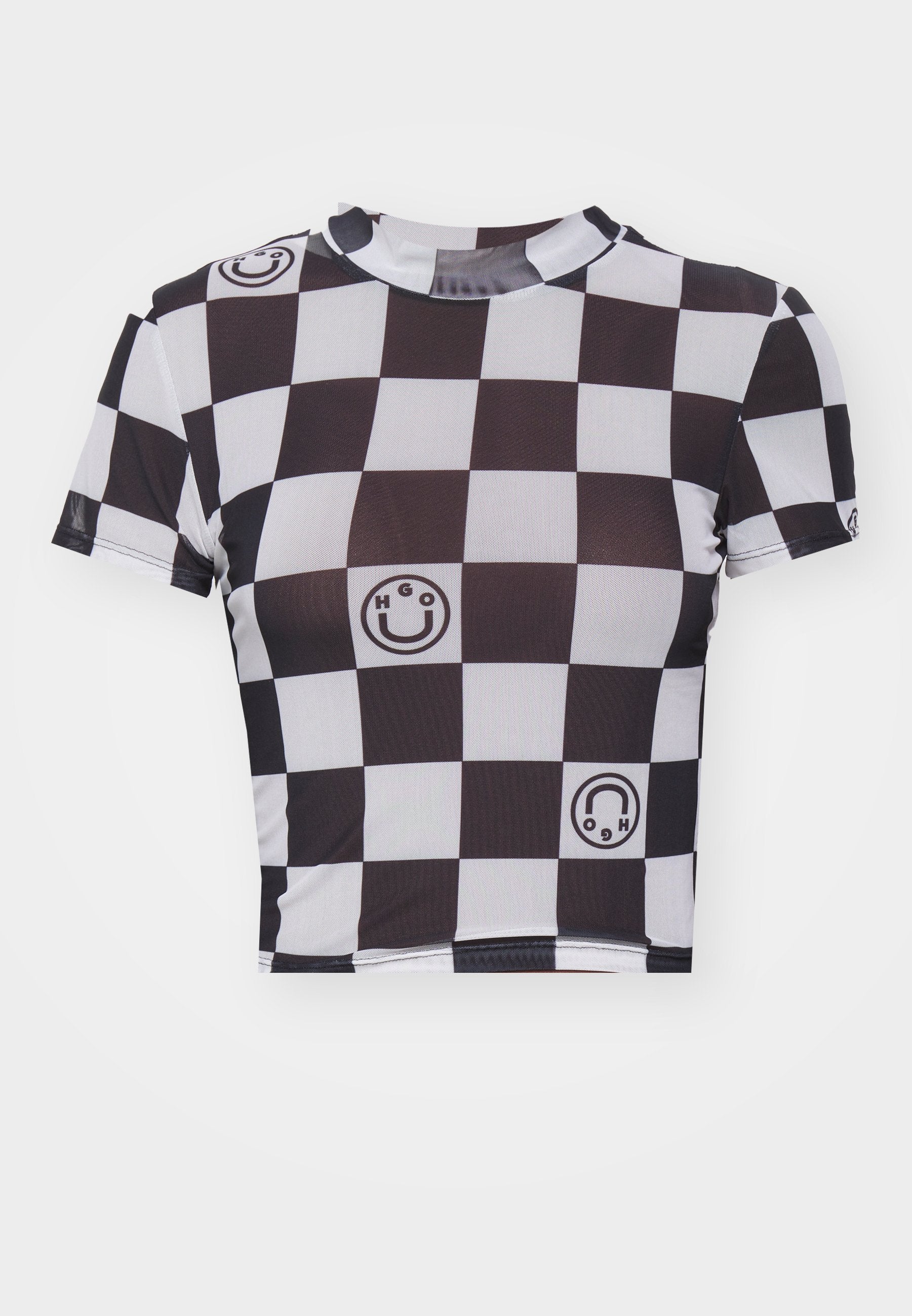 Schwarz-weißer kariert Cropped-Top mit Smiley-Gesicht und Logo-Grafiken, kurzen Ärmeln und rundem Ausschnitt. Hergestellt aus dehnbarem Material.