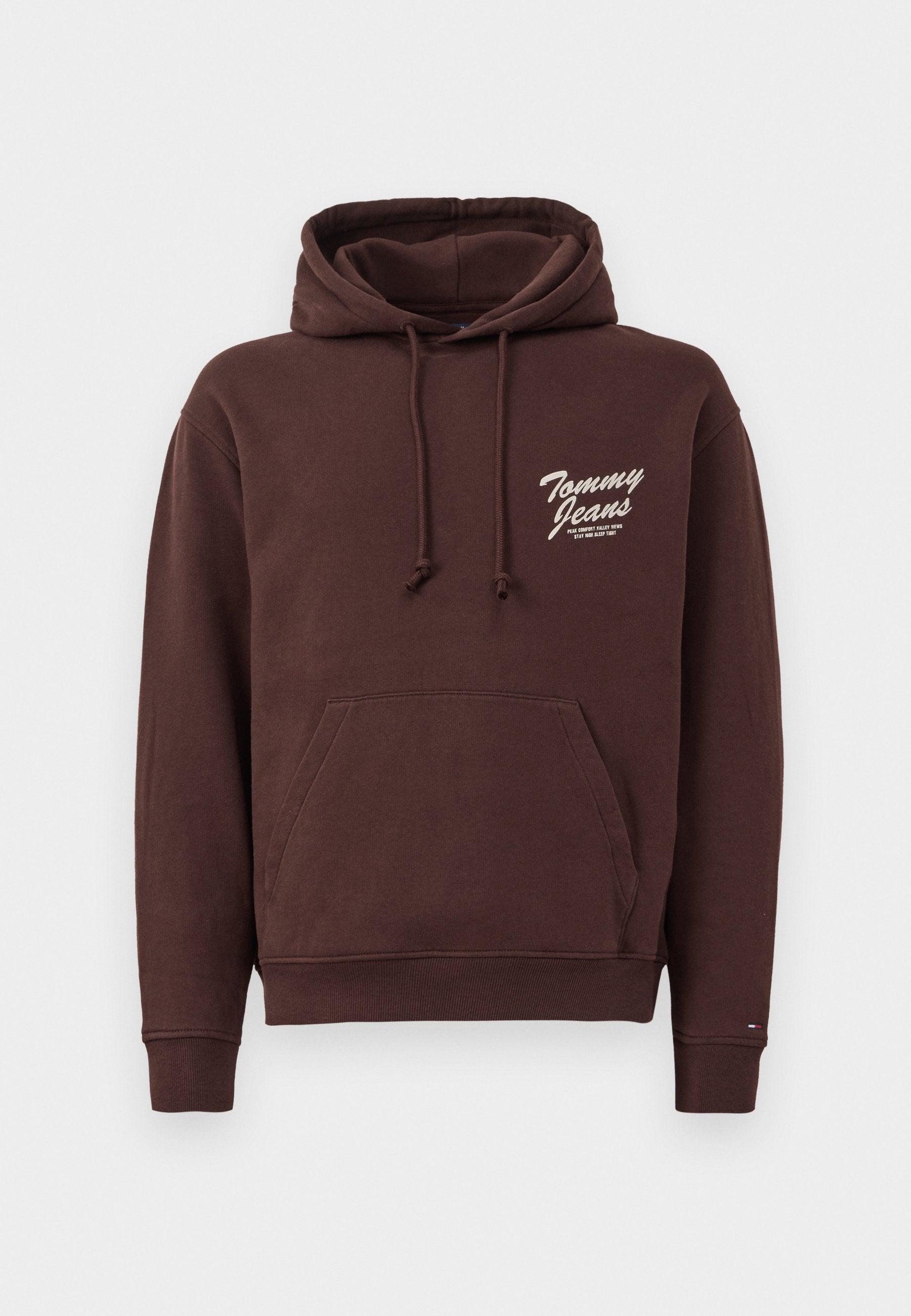 Brauner Hoodie aus weichem Material mit einer Front-Kängurutasche, verstellbarem Kapuzenzug und dem weißen "Tommy Jeans"-Logo. Rippbündchen und Saum.