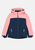 Marineblaue und rosa Kapuzenjacke mit Reißverschluss vorne, ausgestattet mit zwei seitlichen Taschen, kontrastierenden Farbkombinationen und einer glatten Textur.