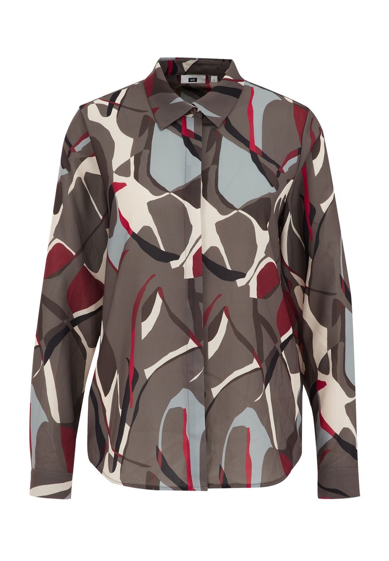 Button-up-Shirt aus leichtem Stoff mit einem auffälligen abstrakten Muster aus grauen, roten und hellblauen Formen. Klassischer Kragen und lange Ärmel.