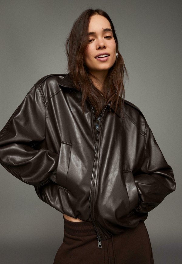 Bershka BALLOON - Faux leather jacket - dark brown