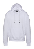 Weißer Kapuzenpullover aus weichem Stoff mit einer Fronttasche, verstellbarem Kordelzug an der Kapuze und gerippten Bündchen und Saum. Einfaches Design, ohne Muster.