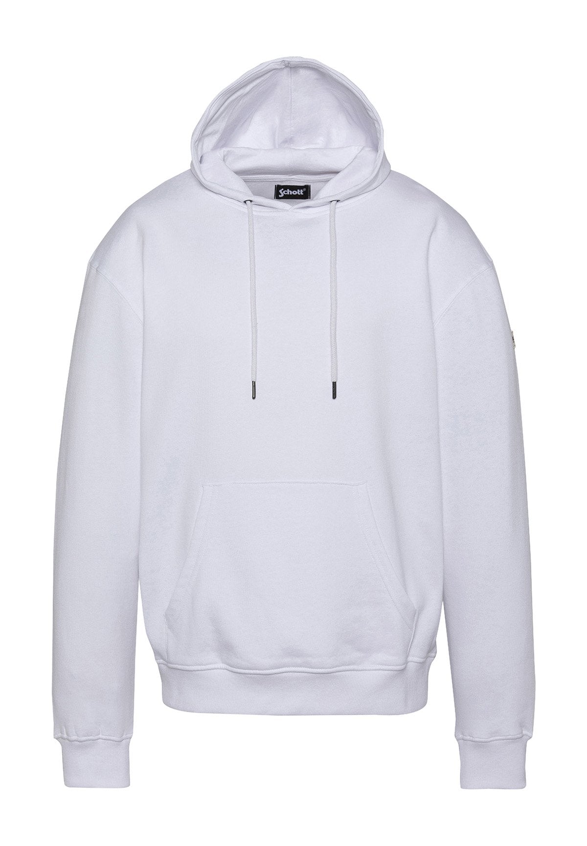 Weißer Kapuzenpullover aus weichem Stoff mit einer Fronttasche, verstellbarem Kordelzug an der Kapuze und gerippten Bündchen und Saum. Einfaches Design, ohne Muster.