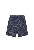 Marineblaue Shorts mit verschiedenen strukturierten Mustern in helleren Schattierungen. Mit Taschen und einem Etikett am Bund.