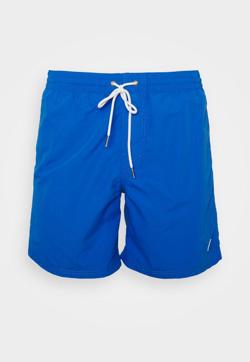 Blaue Badeshorts aus leichtem Stoff, mit einem elastischen Bund und einer weißen Kordel, in einfarbigem Design ohne Muster.