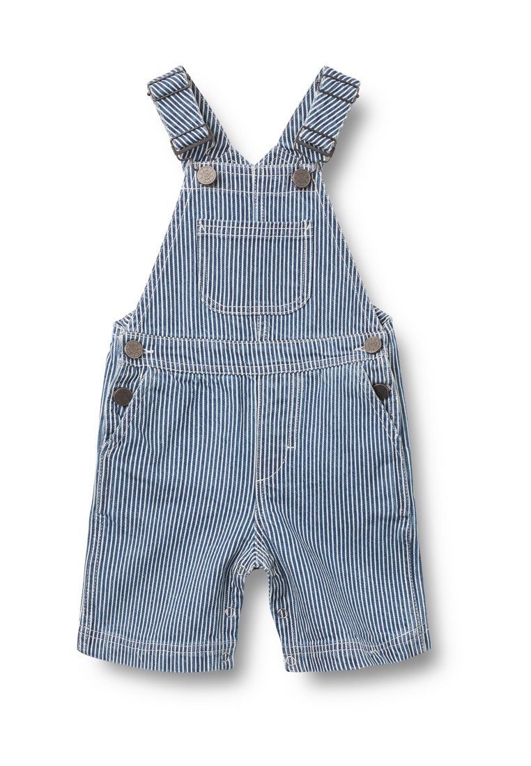 Jeans-Overall mit blauen und weißen Streifen, verstellbaren Trägern, einer Fronttasche und seitlichen Knöpfen, mit kurzem Bein-Design.