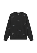 Schwarzer Sweatshirt mit rundem Ausschnitt, verziert mit kleinen grauen Dreieckmustern. Hergestellt aus einem weichen Material, mit gerippten Bündchen und Saum.