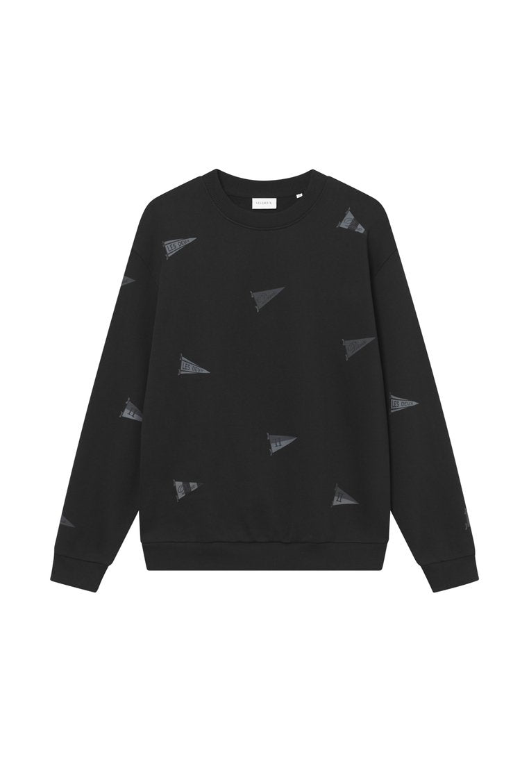 Schwarzer Sweatshirt mit rundem Ausschnitt, verziert mit kleinen grauen Dreieckmustern. Hergestellt aus einem weichen Material, mit gerippten Bündchen und Saum.