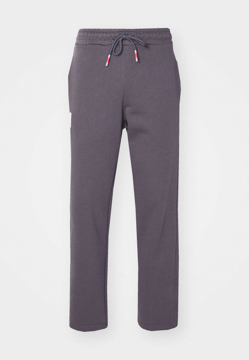 Graue Sweatpants aus weichem Stoff mit elastischem Bund und Kordelzug, Seitentaschen und geradem Beinschnitt.