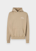 Beige Baumwoll-Hoodie mit einer Kängurutasche, gerippten Bündchen und Saum. Besitzt einen Logo-Druck in Weiß auf der Vorderseite. Weicher Stoff, lockere Passform.