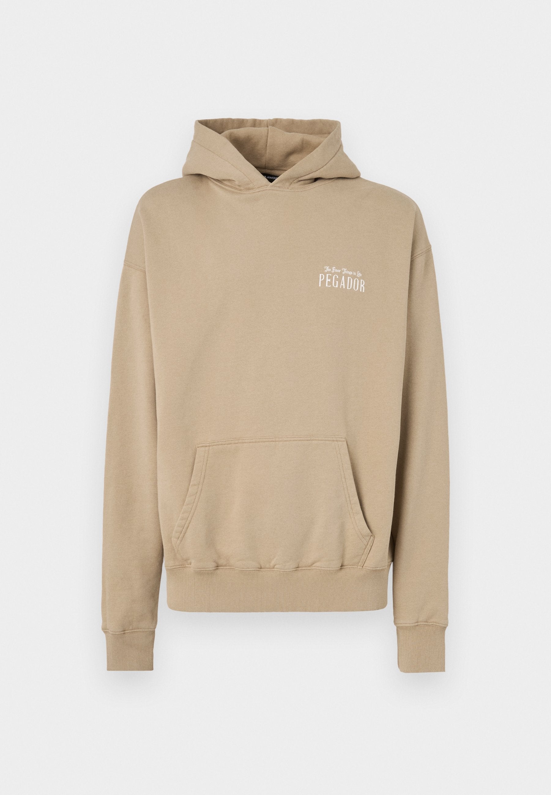 Beige Baumwoll-Hoodie mit einer Kängurutasche, gerippten Bündchen und Saum. Besitzt einen Logo-Druck in Weiß auf der Vorderseite. Weicher Stoff, lockere Passform.