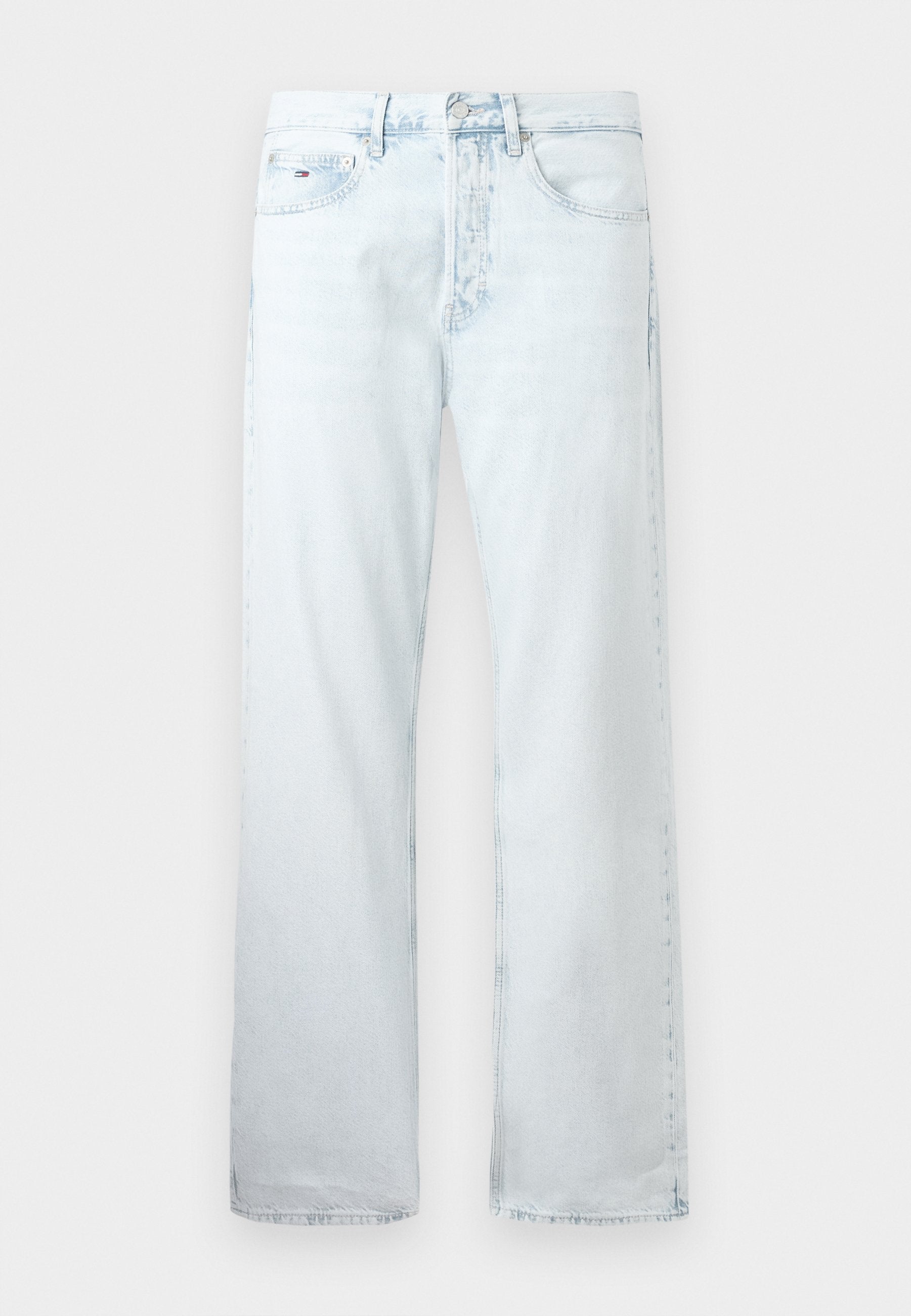 Hellblaue Jeans aus Denim mit geradem Bein, fünf Taschen und einem regulären Bund. Der Stoff hat eine weiche Textur mit leichter Ausbleichung.