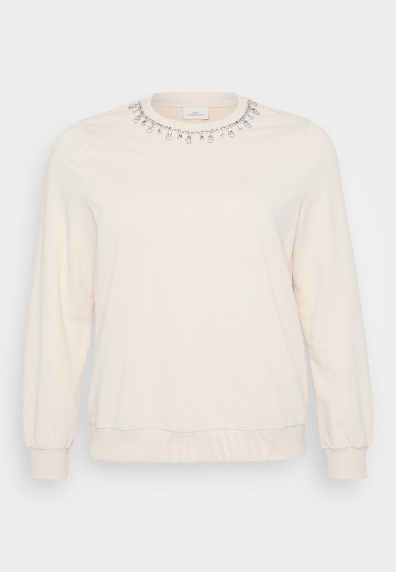 Helle beige Sweatshirt mit langen Ärmeln, Rundhalsausschnitt und dekorativen Kristallverzierungen entlang des Kragens. Weiche Textur.