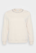 Helle beige Sweatshirt mit langen Ärmeln, Rundhalsausschnitt und dekorativen Kristallverzierungen entlang des Kragens. Weiche Textur.