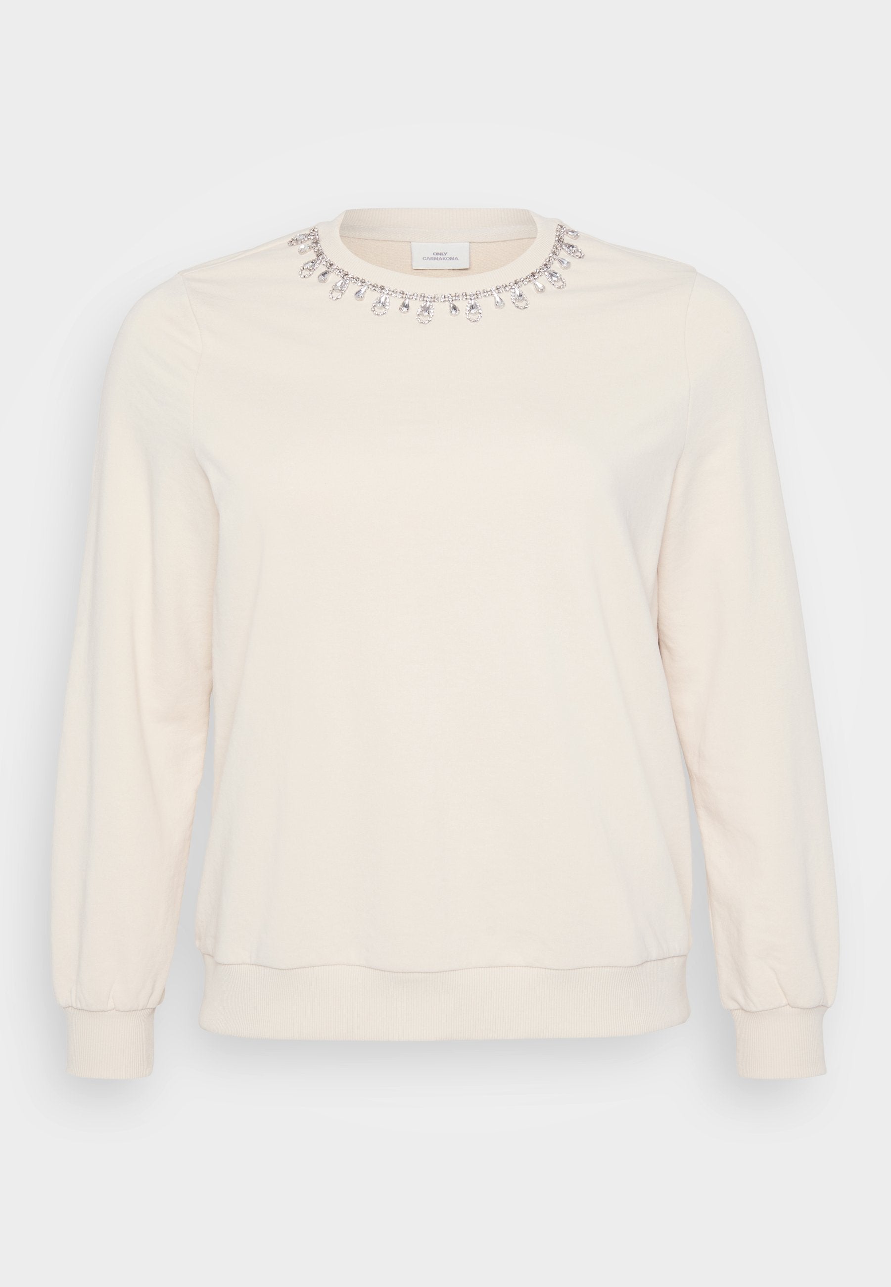 Helle beige Sweatshirt mit langen Ärmeln, Rundhalsausschnitt und dekorativen Kristallverzierungen entlang des Kragens. Weiche Textur.