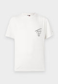 Weißes Baumwoll-T-Shirt mit rundem Halsausschnitt. Verfügt über einen schwarzen Grafikdruck auf der linken Brust mit Text und einem kleinen Logo-Detail.