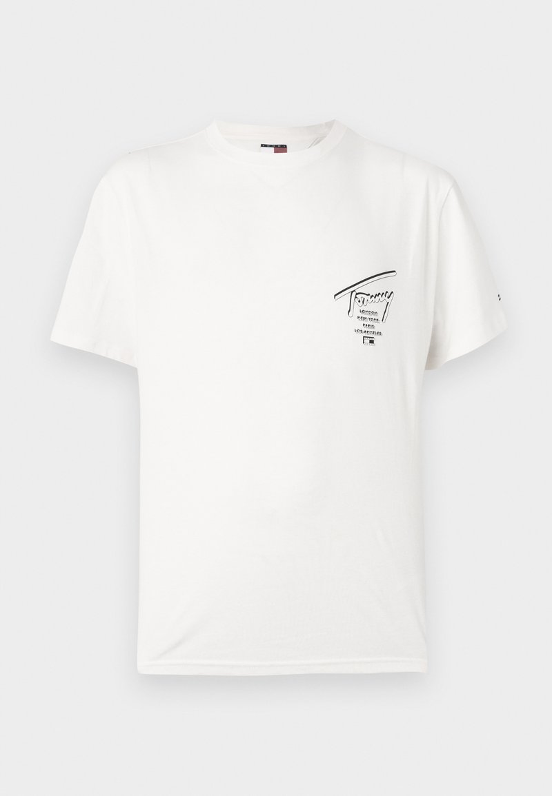 Weißes Baumwoll-T-Shirt mit rundem Halsausschnitt. Verfügt über einen schwarzen Grafikdruck auf der linken Brust mit Text und einem kleinen Logo-Detail.