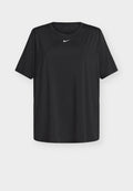 Schwarzes, kurzärmeliges Sport-T-Shirt mit Rundhalsausschnitt und weißem Nike-Swoosh-Logo, das mittig unter dem Kragen platziert ist.