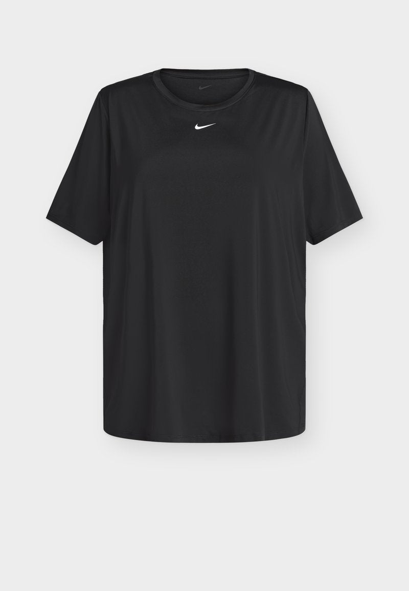 Schwarzes, kurzärmeliges Sport-T-Shirt mit Rundhalsausschnitt und weißem Nike-Swoosh-Logo, das mittig unter dem Kragen platziert ist.