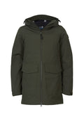 Dunkelgrüner Parka mit Kapuze, Frontreißverschluss, zwei Klappen Taschen und zwei vertikalen Brusttaschen, designed für den Schutz vor kaltem Wetter.