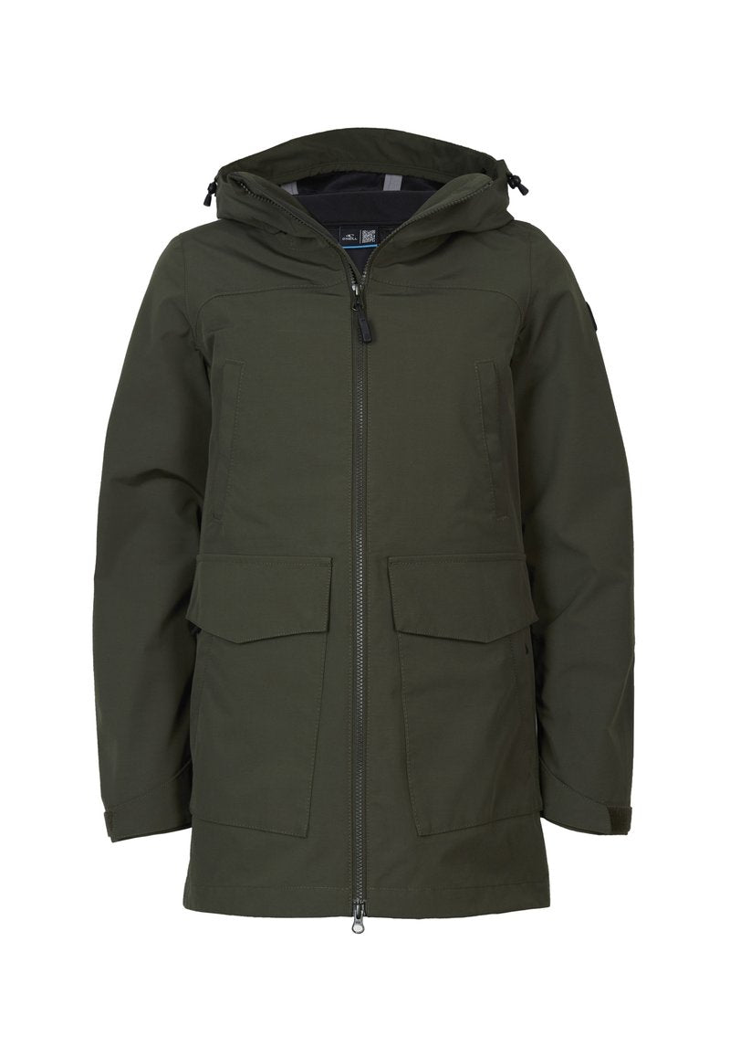 Dunkelgrüner Parka mit Kapuze, Frontreißverschluss, zwei Klappen Taschen und zwei vertikalen Brusttaschen, designed für den Schutz vor kaltem Wetter.