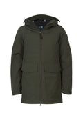 Dunkelgrüner Parka mit Kapuze, Frontreißverschluss, zwei Klappen Taschen und zwei vertikalen Brusttaschen, designed für den Schutz vor kaltem Wetter.