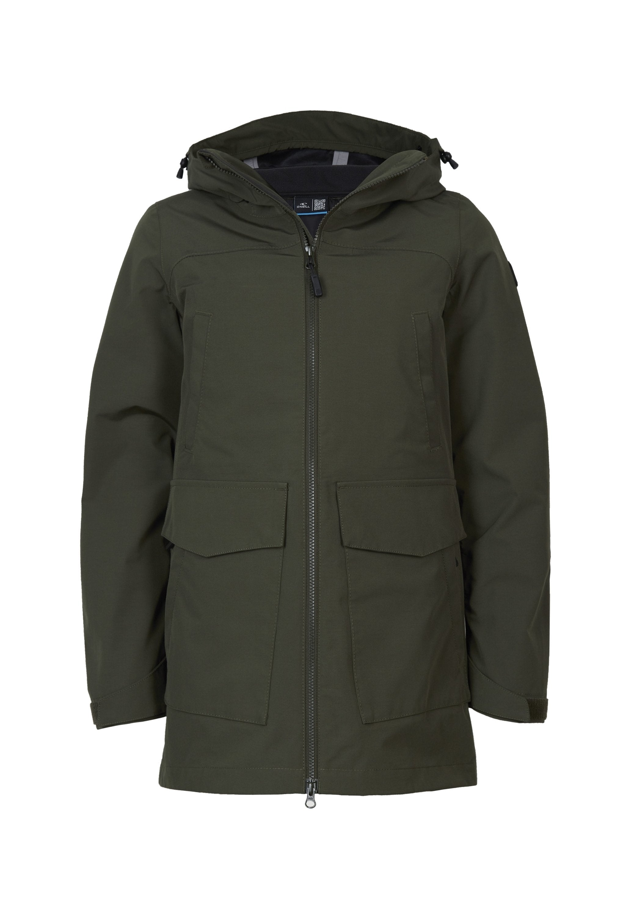 Dunkelgrüner Parka mit Kapuze, Frontreißverschluss, zwei Klappen Taschen und zwei vertikalen Brusttaschen, designed für den Schutz vor kaltem Wetter.