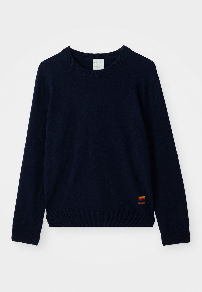 Marineblaues langärmliges Rundhals-Sweatshirt mit gerippten Bündchen und Saum, das an der Unterseite einem kleinen, mehrfarbig gestreiften Aufnäher hat.