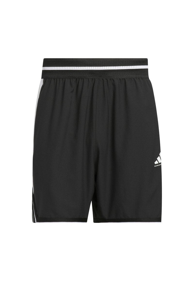 Schwarze Sportshorts aus leichtem Material, mit einem perforierten schwarzen Bund, weißen Streifen und einem gestickten Logo an der Seite.
