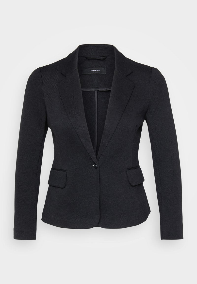 Schwarzes Blazer mit taillierter Passform, zwei Fronttaschen, Ein-Knopf-Verschluss und Reverskragen, aus einem strukturierten Stoff gefertigt.