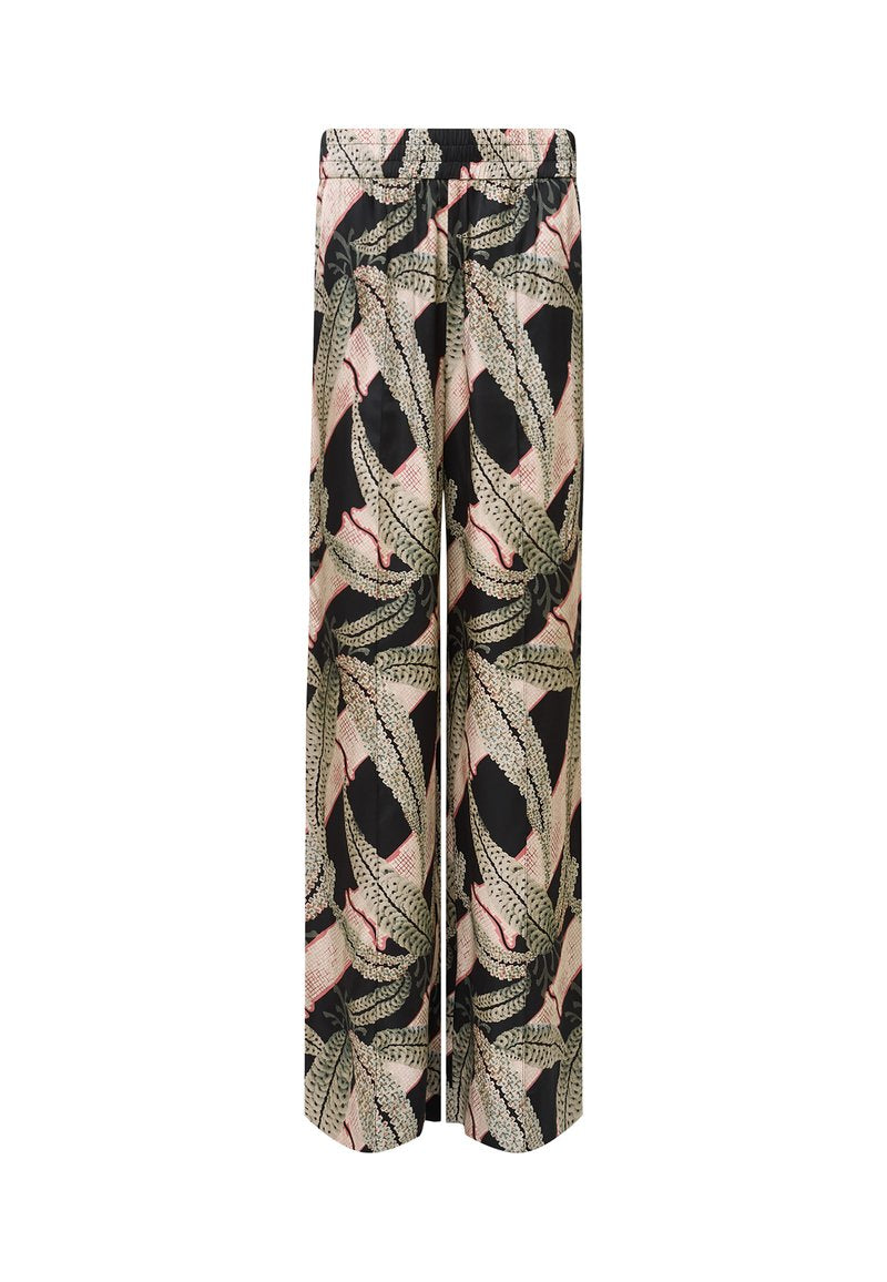 Palazzo-Hosen mit einem schwarzen Grund und einem auffälligen Blattmuster in Grün, Beige und Rot, mit einem elastischen Bund für zusätzlichen Komfort.