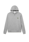 Grauer Kapuzenpullover aus weichem Material, mit einer Fronttasche und einem kleinen grünen Patch mit dem "II"-Logo auf der linken Brustseite.