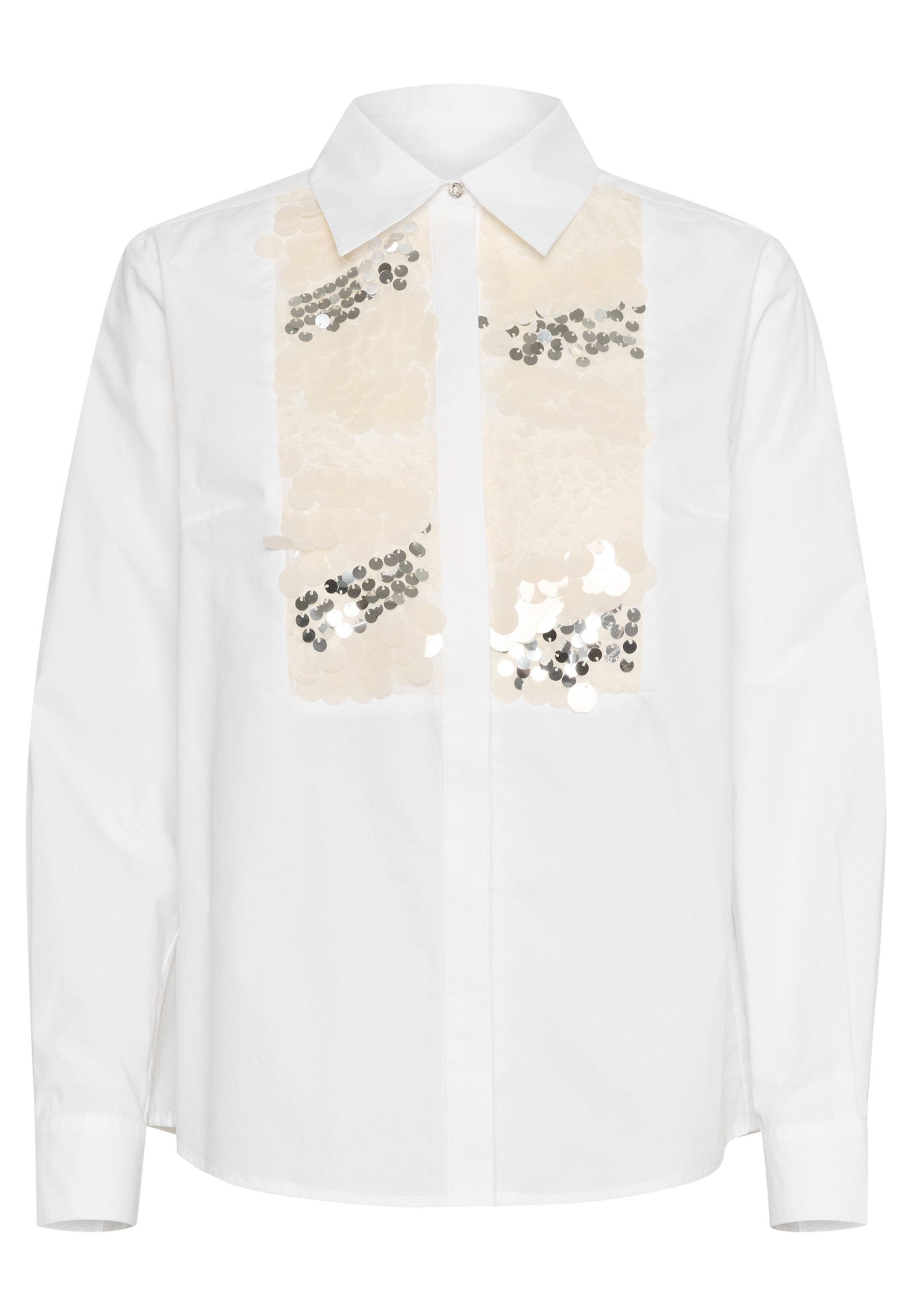Weißes Button-Up-Hemd mit langen Ärmeln, das in der Mitte ein großes Paillettenpanel in Beige mit silbernen Akzenten aufweist.