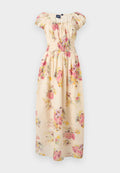 Cremefarbenes, schulterfreies Maxikleid mit Blumenmuster in Rosa und Gelb, Puffärmeln und geraffter Taille von GAP.
