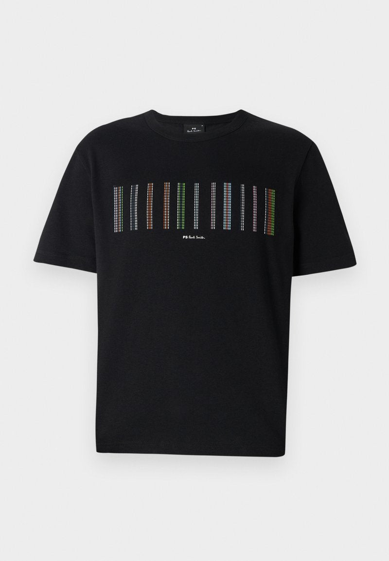 Schwarzes T-Shirt mit kurzen Ärmeln, das farbenfrohe vertikale Streifen über der Brust und ein kleines Logo am unteren Rand aufweist. Aus weichem Baumwollmaterial.