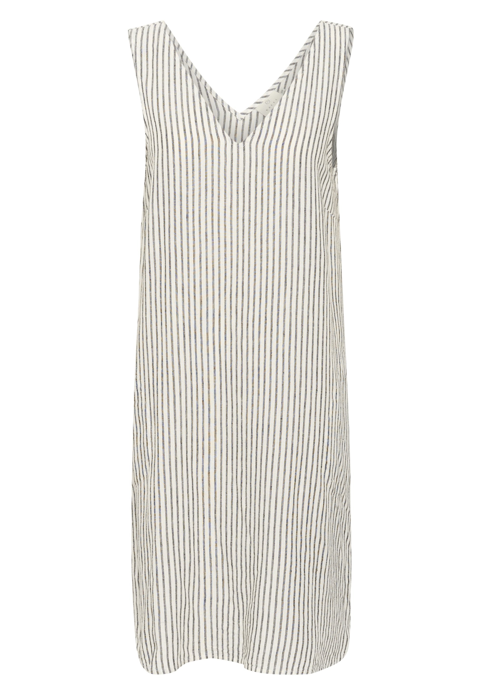 Gestreiftes ärmelloses Kleid in Hellbeige und Grau. Mit V-Ausschnitt und geradem Schnitt, aus weichem, strukturiertem Stoff gefertigt.