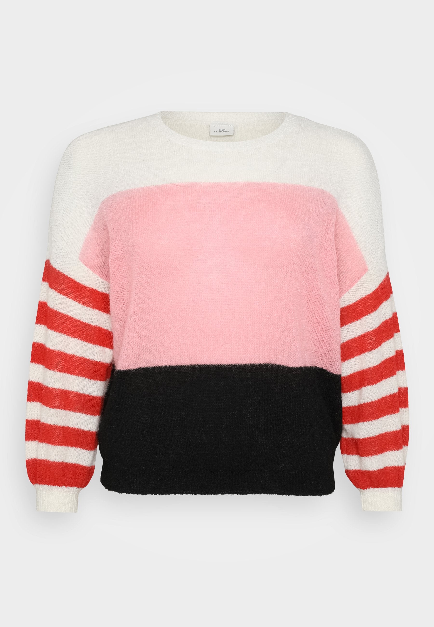 Mehrfarbiger gestrickter Pullover mit Rundhalsausschnitt; verfügt über ein Muster in Weiß, Pink und Schwarz mit rot-weißen gestreiften Ärmeln.