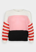 Mehrfarbiger gestrickter Pullover mit Rundhalsausschnitt; verfügt über ein Muster in Weiß, Pink und Schwarz mit rot-weißen gestreiften Ärmeln.
