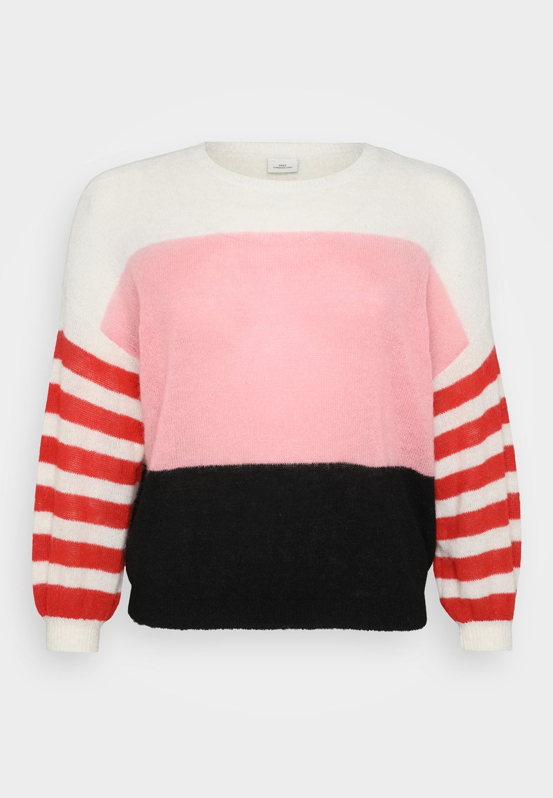 Mehrfarbiger gestrickter Pullover mit Rundhalsausschnitt; verfügt über ein Muster in Weiß, Pink und Schwarz mit rot-weißen gestreiften Ärmeln.