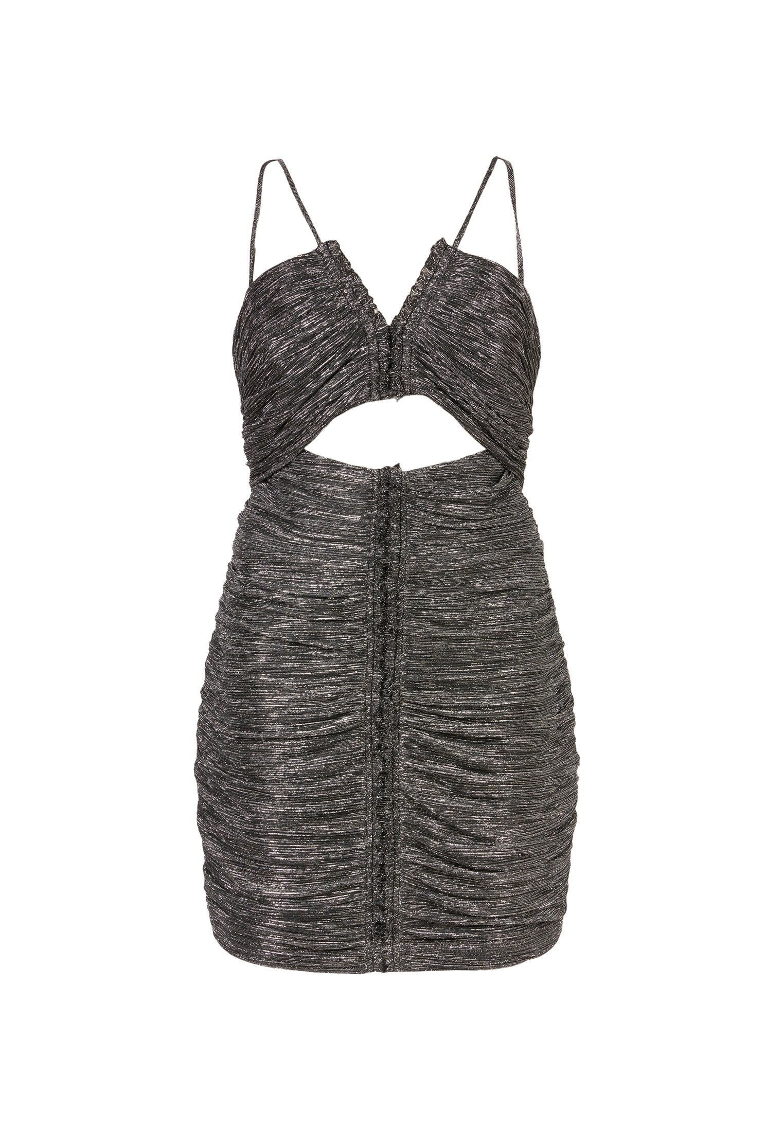 Schwarzes metallisches Mini-Kleid aus gerafftem Stoff, mit verstellbaren Spaghetti-Trägern, einem Ausschnitt-Design und einer engen Passform, die die Silhouette betont.