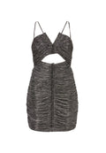 Schwarzes metallisches Mini-Kleid aus gerafftem Stoff, mit verstellbaren Spaghetti-Trägern, einem Ausschnitt-Design und einer engen Passform, die die Silhouette betont.