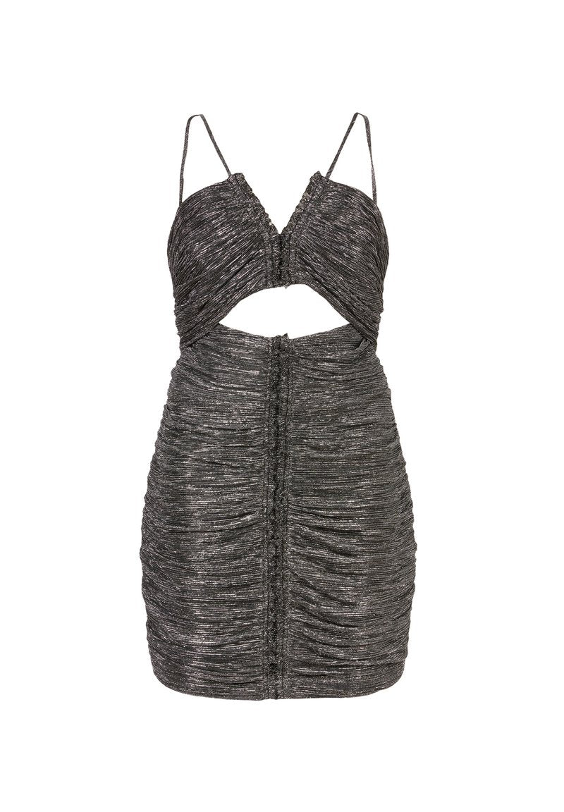 Schwarzes metallisches Mini-Kleid aus gerafftem Stoff, mit verstellbaren Spaghetti-Trägern, einem Ausschnitt-Design und einer engen Passform, die die Silhouette betont.