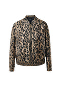 Beige und schwarzer Leopardenmuster-Reißverschlussjacke mit elastischen Bündchen und Saum, Stehkragen und einem metallischen Reißverschluss vorne.