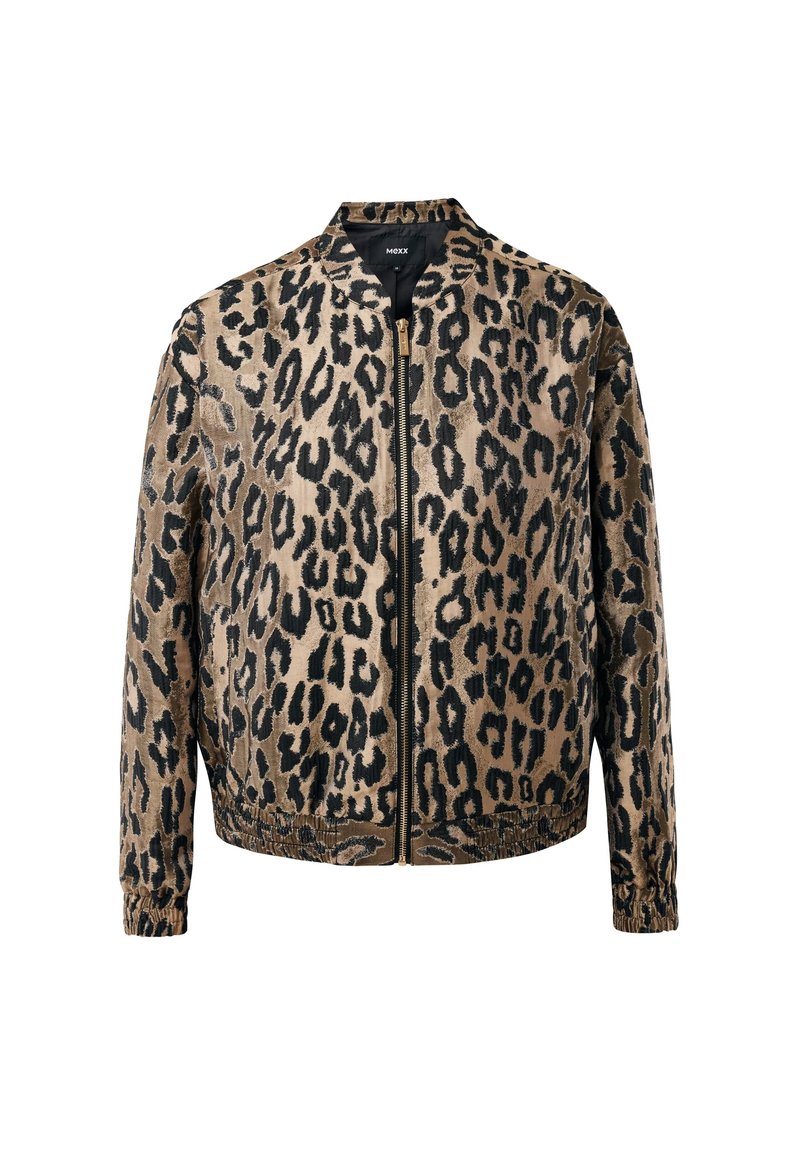 Beige und schwarzer Leopardenmuster-Reißverschlussjacke mit elastischen Bündchen und Saum, Stehkragen und einem metallischen Reißverschluss vorne.