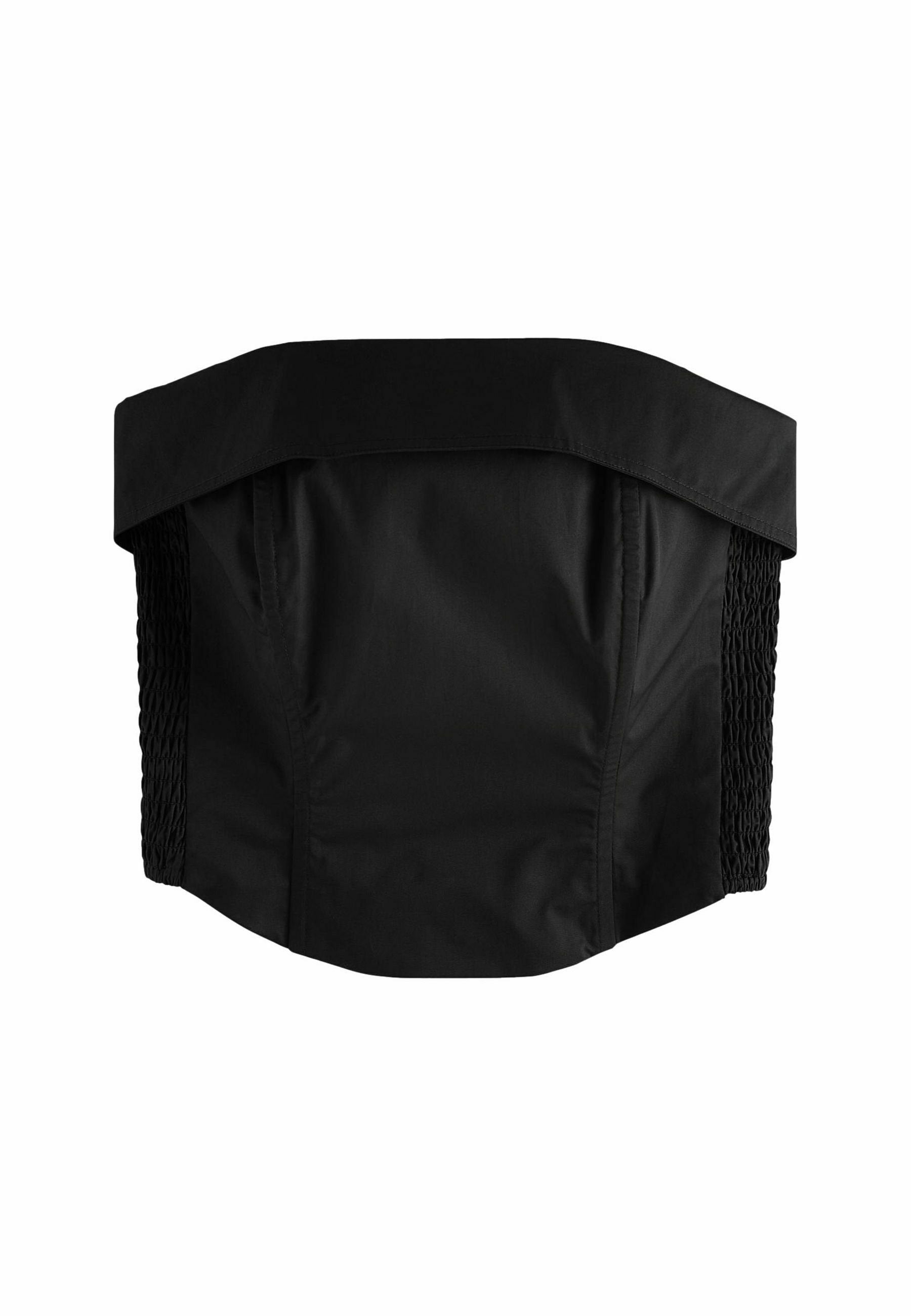Schwarzes, schulterfreies Crop-Top mit weitem gefaltetem Halsausschnitt und gestrickten elastischen Seiten für eine figurbetonte Passform.