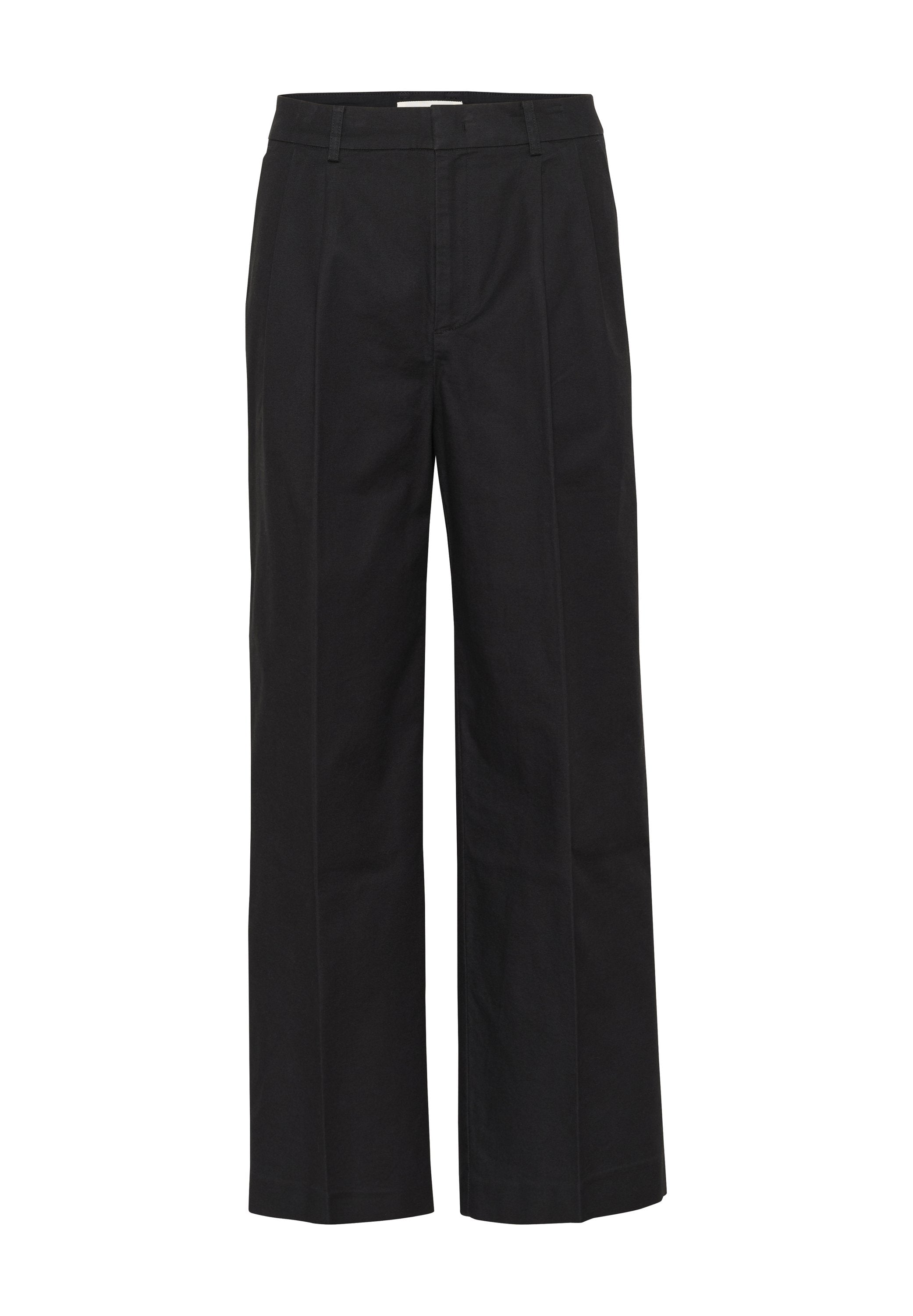 Schwarze weit geschnittene Hosen aus Baumwolle mit einem maßgeschneiderten Design, vorn mit Falten und verdecktem Hakenverschluss. Sauberer, glatter Textur.