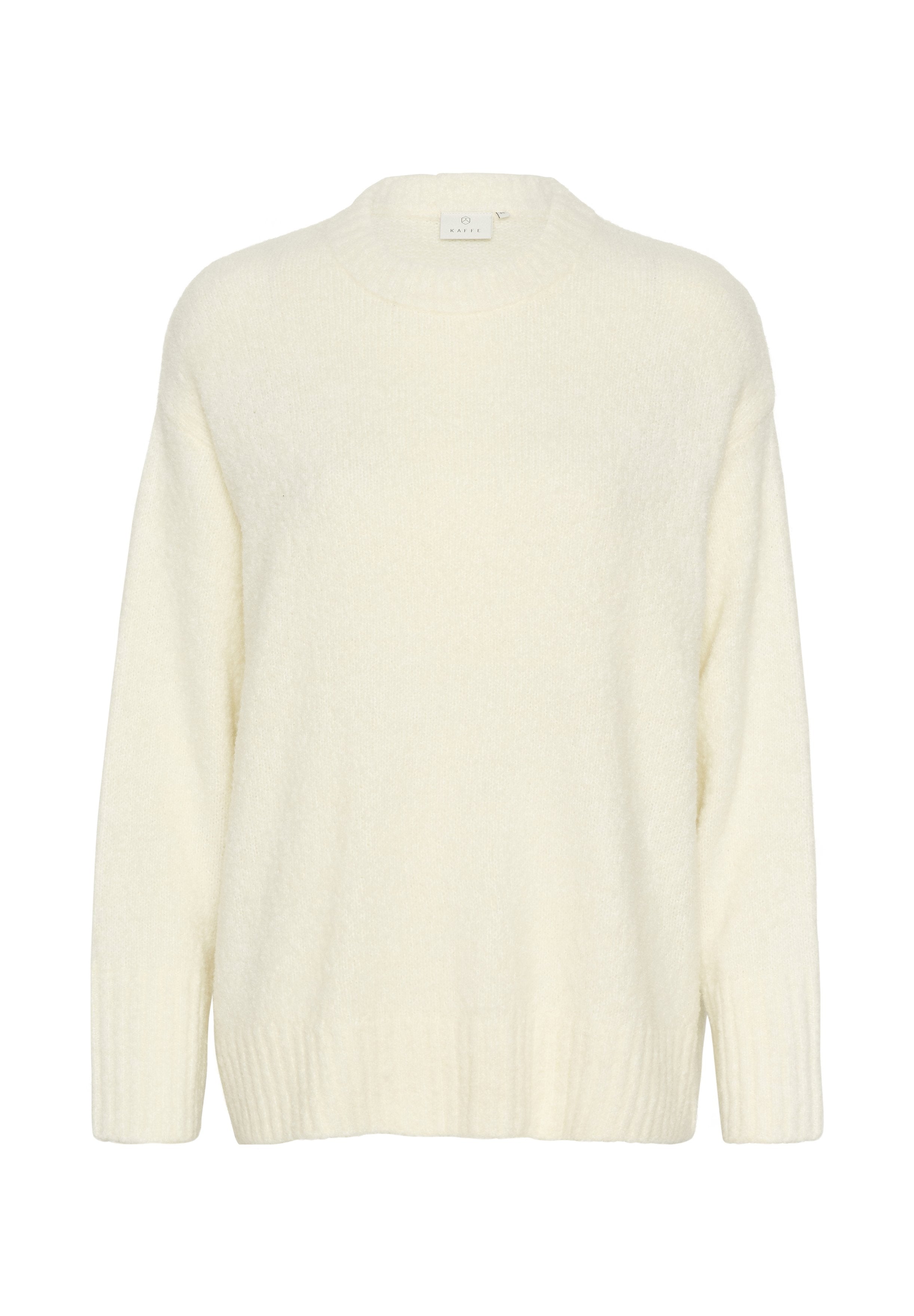 Cremfarbener Pullover aus weichem, flauschigem Material. Verfügbar mit rundem Hals, langen Ärmeln und gerippten Bündchen sowie Saum für zusätzliche Struktur.