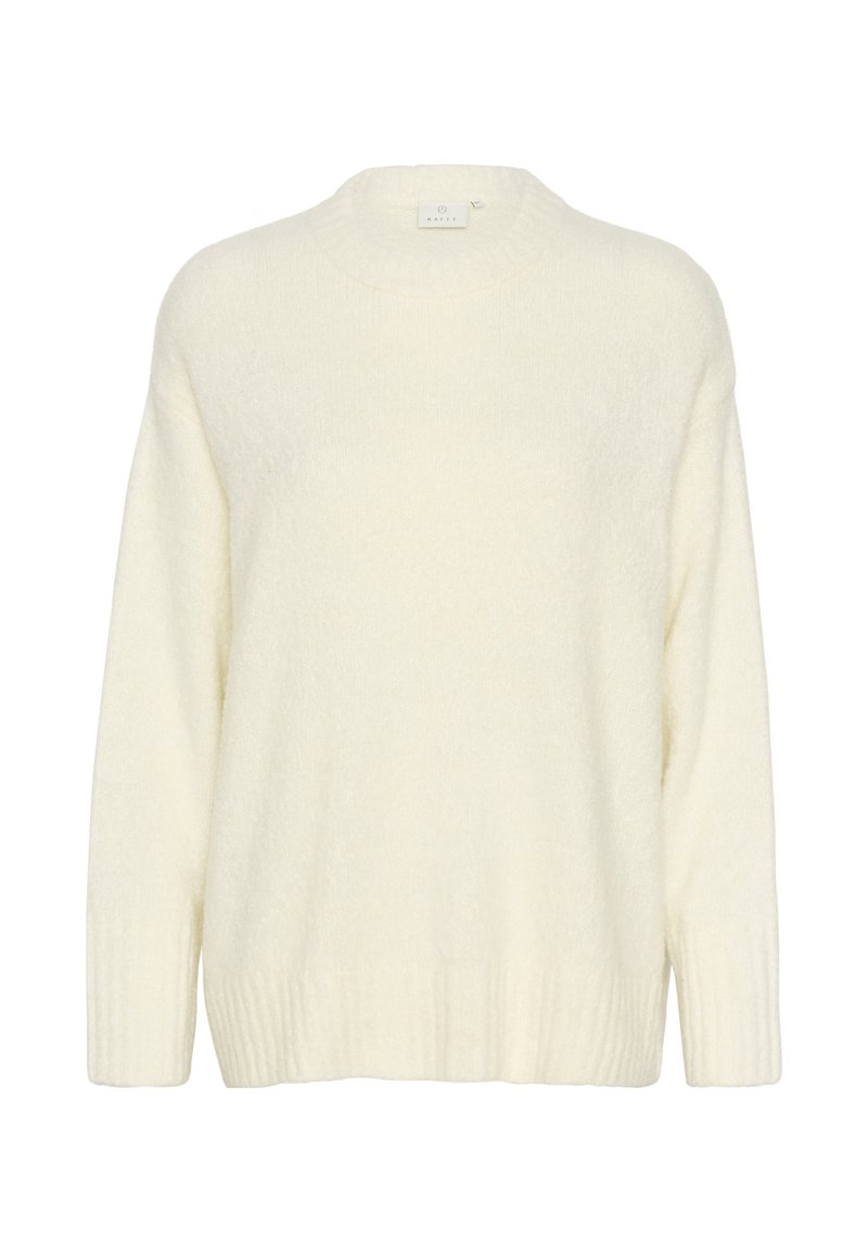 Cremfarbener Pullover aus weichem, flauschigem Material. Verfügbar mit rundem Hals, langen Ärmeln und gerippten Bündchen sowie Saum für zusätzliche Struktur.