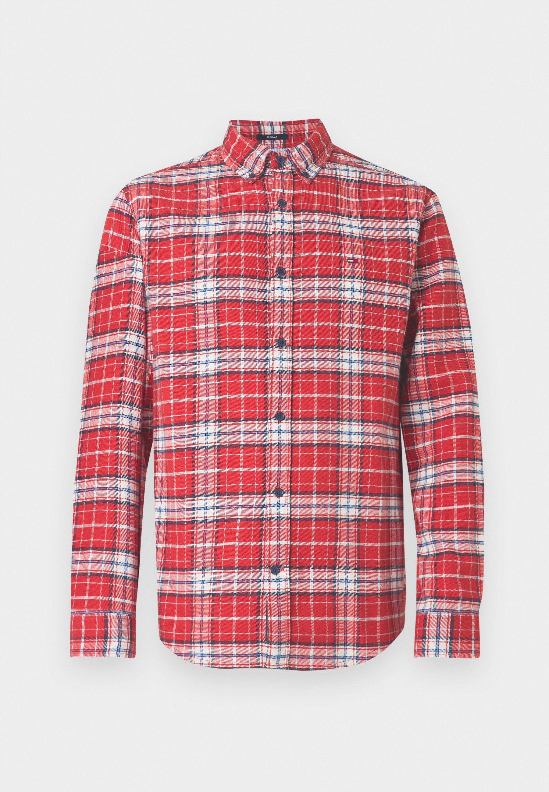 Rot kariertes Hemd mit langen Ärmeln, einem Button-Down-Kragen und kontrastierenden blau-weißen Karomustern. Mit vorderem Knopfverschluss und abgerundetem Saum.
